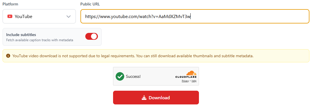 YouTube selected in the platform dropdown with a video URL entered and subtitles enabled