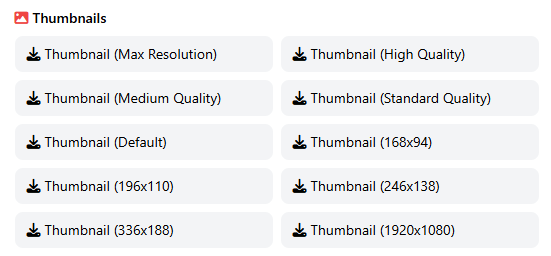 Grid of thumbnail download buttons in different resolutions